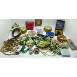 A box of costume jewellery, trinket pots, etc.