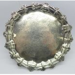 A white metal salver, 198g, 16cm, (a/f, split, worn)