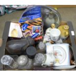 Assorted items, three decanters, animal figures, three items of Wedgwood Beatrix Potter, a Royal