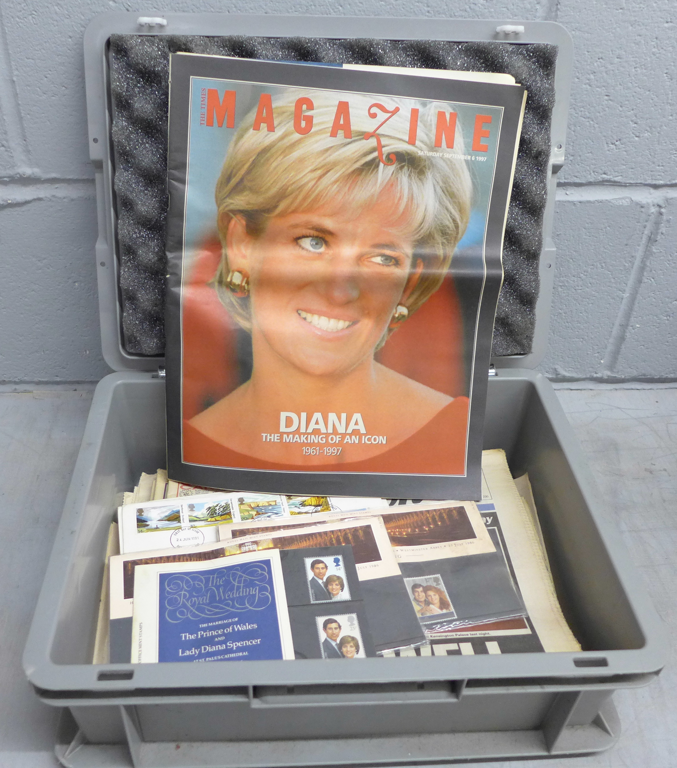 A collection of newspapers, world events, including Death of Princess Diana, 9/11, FDCs and three