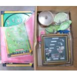 A pin football game, china including Carlton Ware, wooden lidded bowl, etc. **PLEASE NOTE THIS LOT
