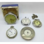 A Sekonda stop-watch, lacking loop, a Smiths alarm clock, boxed, etc., (two pocket watches a/f)