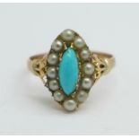 An Edwardian 9ct gold, turquoise and pearl marquise shaped cluster ring, Birmingham 1903, 1.9g, M