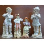 A pair of continental bisque figures, one a/f, 32cm and two others