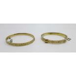 Two bangles, one marked 9ct gold bronze core, fastener requires repair and one plated buckle