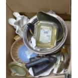 A box of plated ware, flat iron, onyx, seashells, etc. **PLEASE NOTE THIS LOT IS NOT ELIGIBLE FOR
