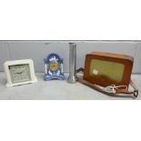 A radio, a Jasper style clock, a metal torch and a Smiths Art Deco ivory Bakelite electric clock **
