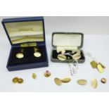 A pair of 9ct gold cufflinks, a/f, other cufflinks including one 9ct gold on silver, one 9ct gold