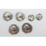 Six silver Art Nouveau buttons, London 1903, import, (4+2)