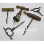 Five late 19th Century corkscrews