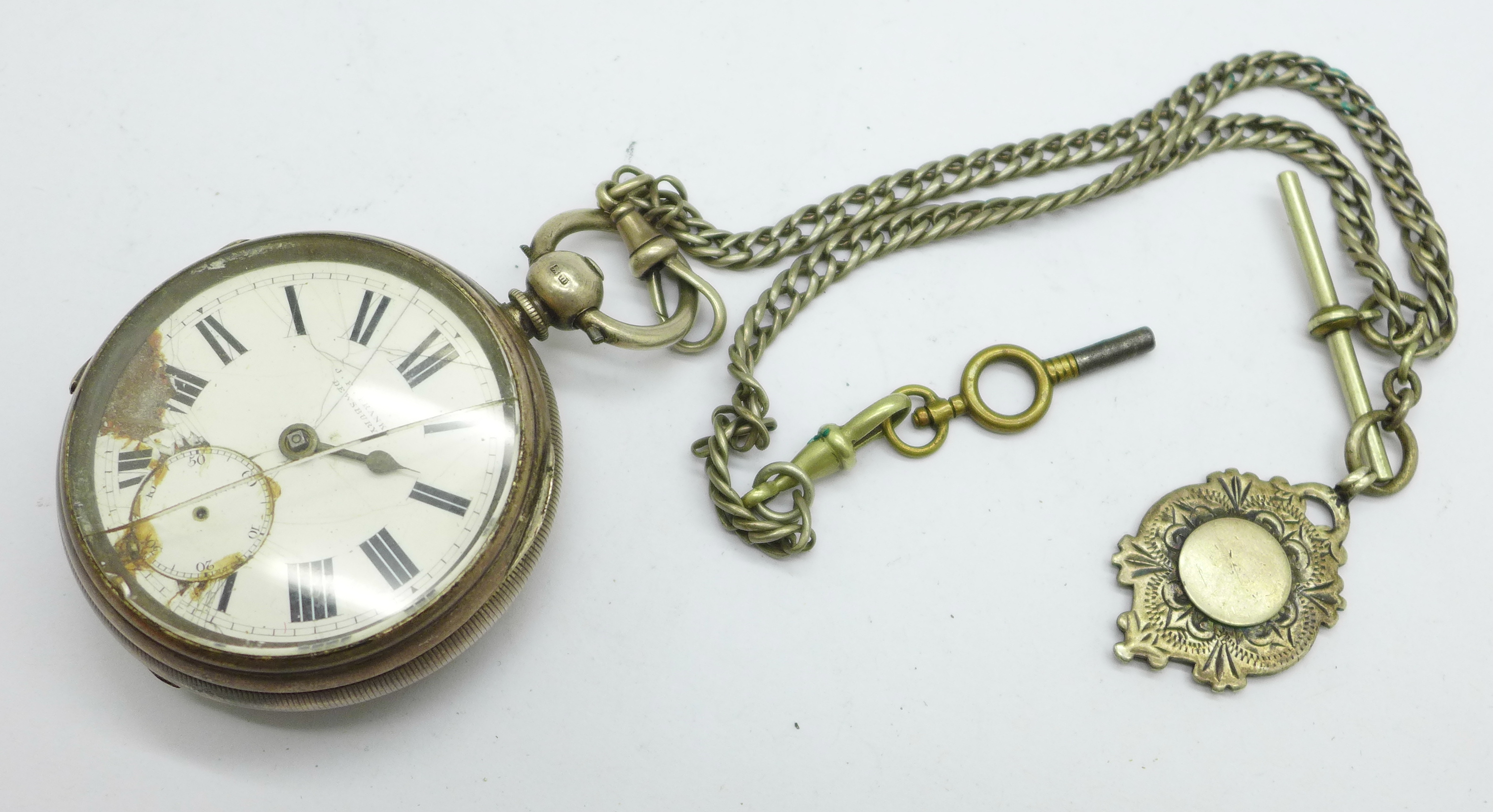 A silver pocket watch with double Albert chain, watch a/f