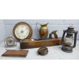 A wooden barometer, a horseshoe barometer, glass a/f, a lantern, a fishing reel, a wood plane, a