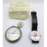 A Luch 'Ray' Soviet quartz wristwatch with papers and a base metal stopwatch, military issue with