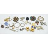 Three Scottish style brooches and other costume jewellery, (eight single earrings)