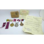 A trio of WWI medals to 3-4724 Pte. J.E. Redman, Hampshire Regiment, with later letter dated 1953,