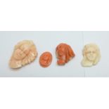 Four carved coral cameos