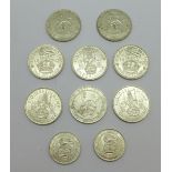 Eight one shilling coins;- 1918, 2x 1926, 3x 1942, 1943 and 1945, and two sixpence coins, 1911 and