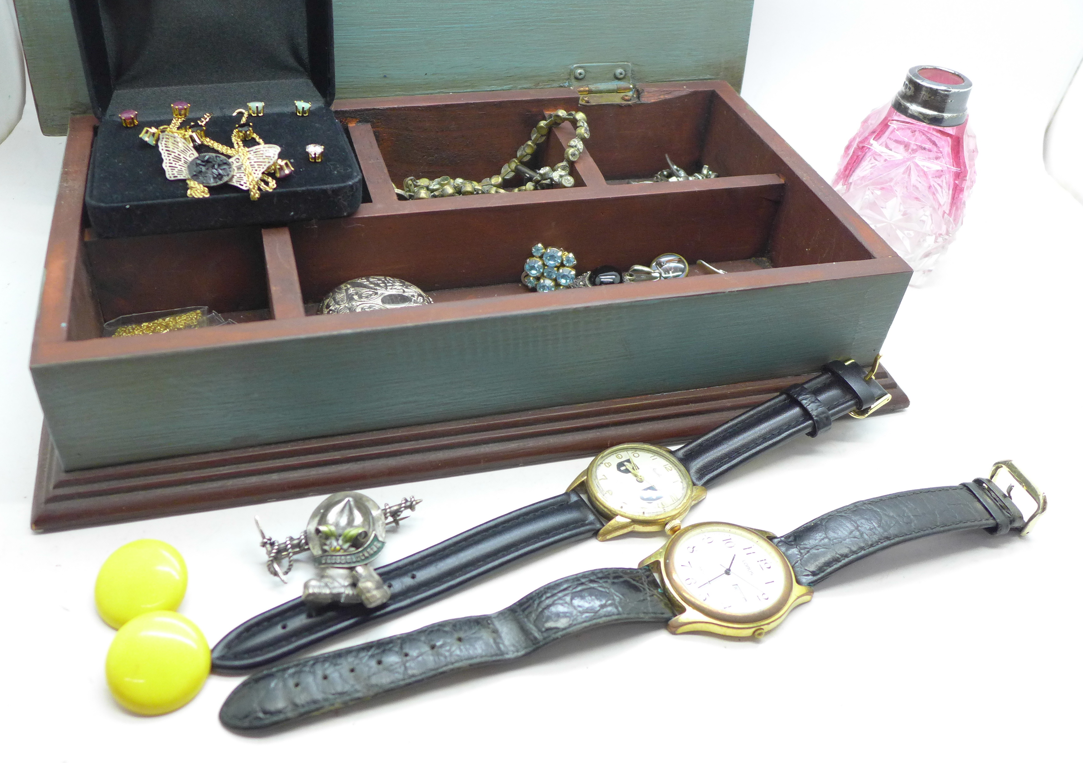 Costume jewellery, three watches including Lorus and Mauthe and a silver rimmed scent bottle,