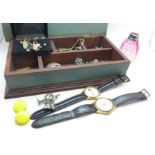 Costume jewellery, three watches including Lorus and Mauthe and a silver rimmed scent bottle,