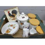 Three Portmeirion storage jars, Royal Worcester Evesham cups, flan dish, oven dishes, etc. **