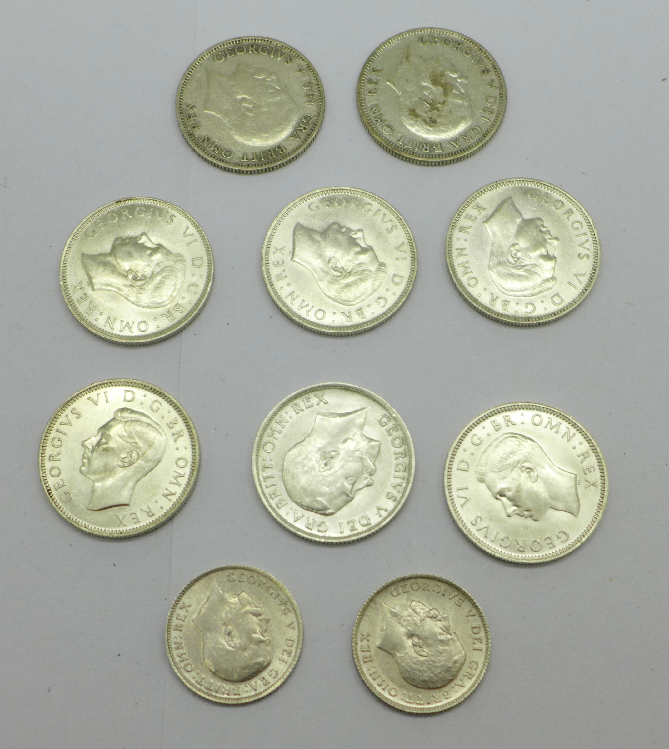 Eight one shilling coins;- 1918, 2x 1926, 3x 1942, 1943 and 1945, and two sixpence coins, 1911 and - Image 4 of 4