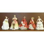 Five Royal Doulton figures, Top O' The Hill, Louise, Sarah, Flower of Love and Nicole