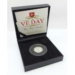 The VE Day .999 silver proof sovereign issued by the Isle of Man, with certificate of