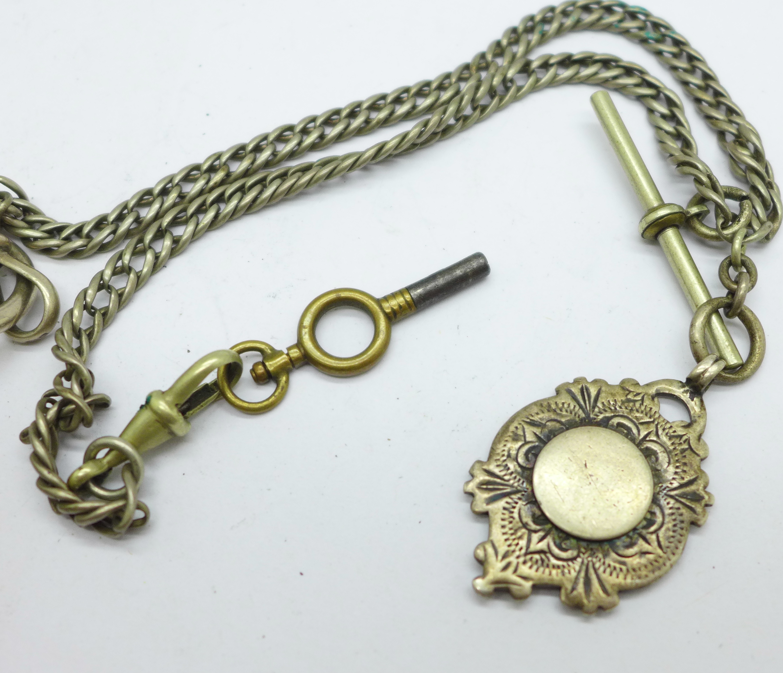 A silver pocket watch with double Albert chain, watch a/f - Image 2 of 7