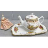 A Royal Albert Old Country Roses tray, a Coalport figure and a teapot **PLEASE NOTE THIS LOT IS