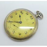 A .900 silver cased Omega dress pocket watch, (glass loose)