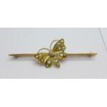 An Edwardian, yellow metal set pearl and diamond butterfly brooch, 4.3g, butterfly 22mm