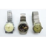 Three wristwatches, Seiko 5 automatic, 6309-8960, UMF Ruhla and Olma