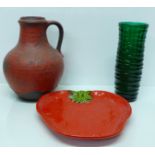 A West German vase, a green glass vase and a strawberry dish, (dish a/f, chips to rim)