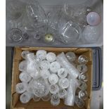Two boxes of mixed glass, champagne flutes, wines, whisky tumblers, brandy glasses, and glass bowls,