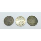 An 1821 George IV crown, a Napoleon III 1868 5 francs coin and a Marie Theresia 1780 coin