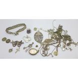 Jewellery including a silver gate bracelet, a silver locket, a 925 silver mask brooch, silver