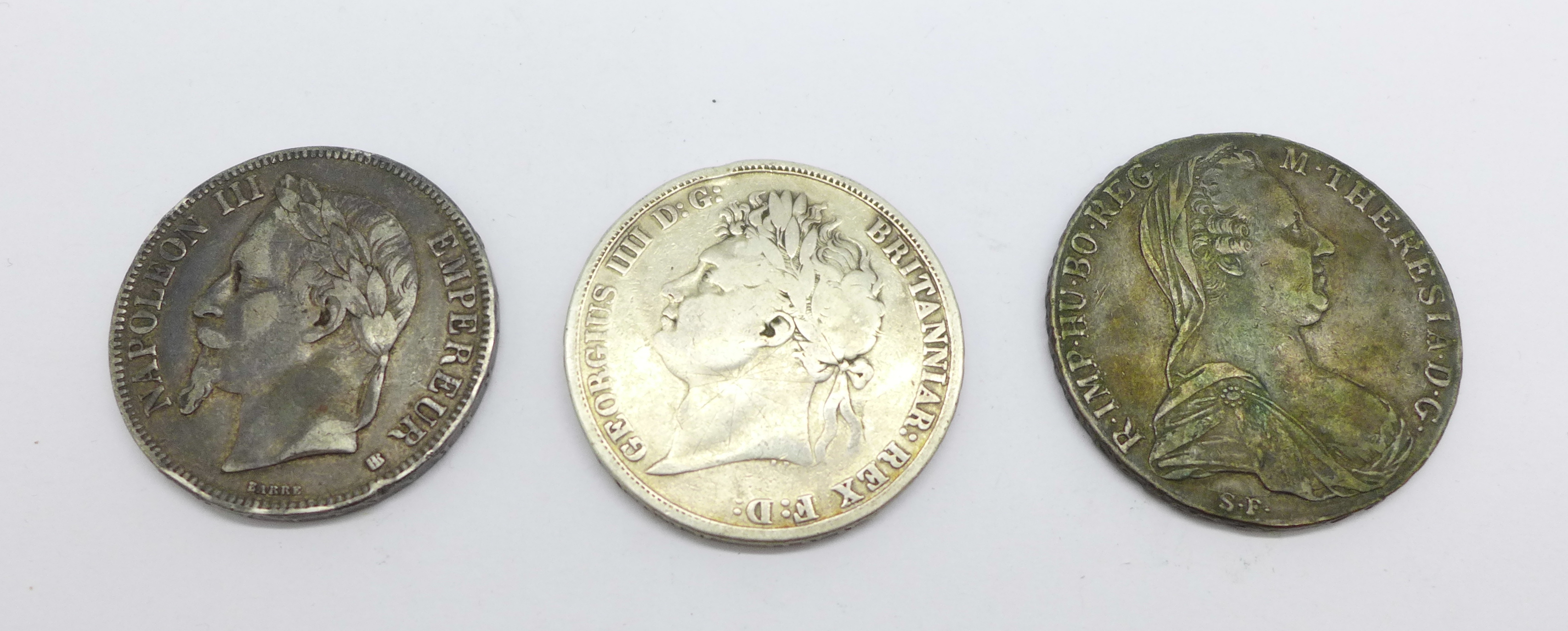 An 1821 George IV crown, a Napoleon III 1868 5 francs coin and a Marie Theresia 1780 coin - Image 2 of 2