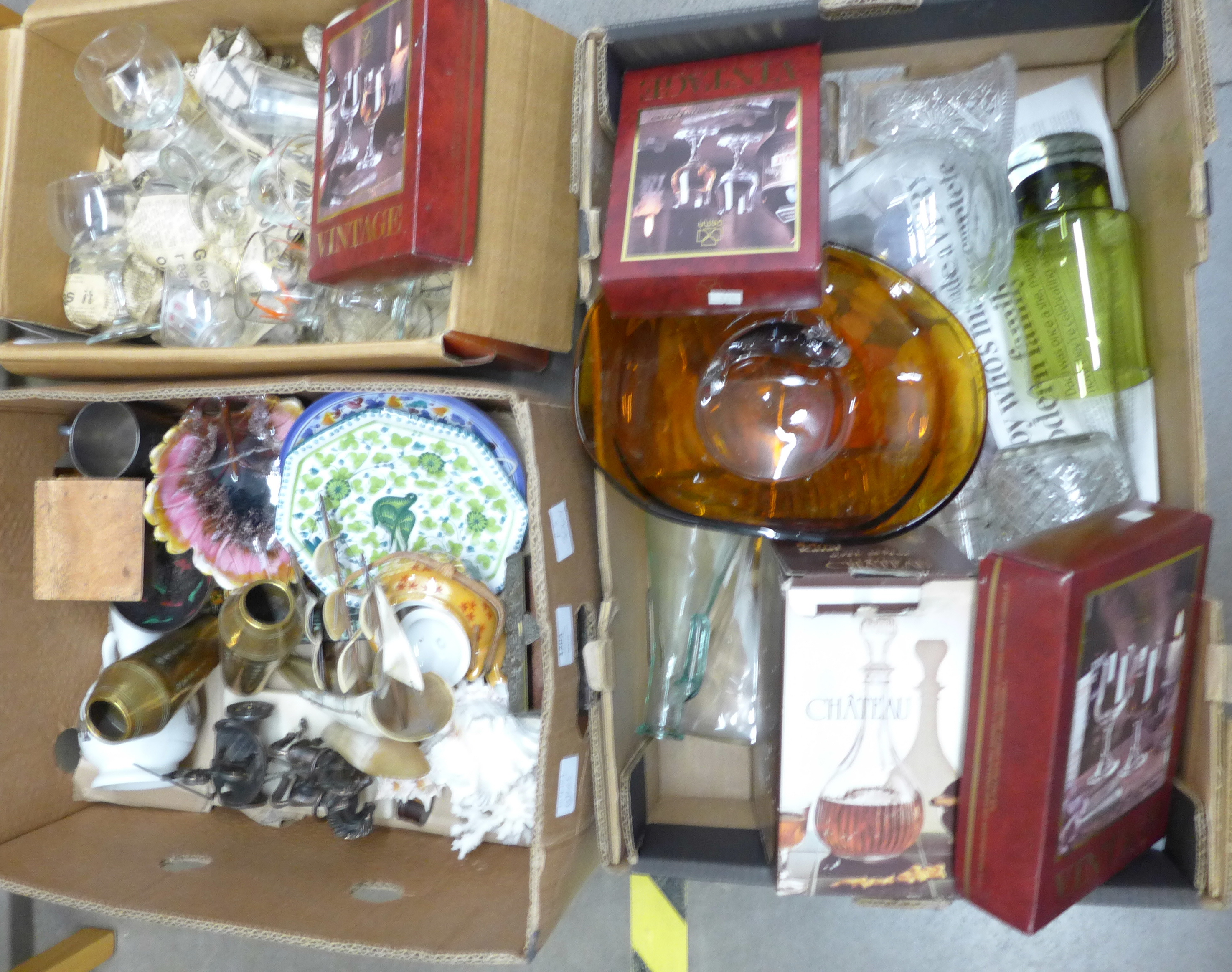 Two boxes of glass and a box of assorted items; two brass vases, sea shells, tourist souvenirs, cast
