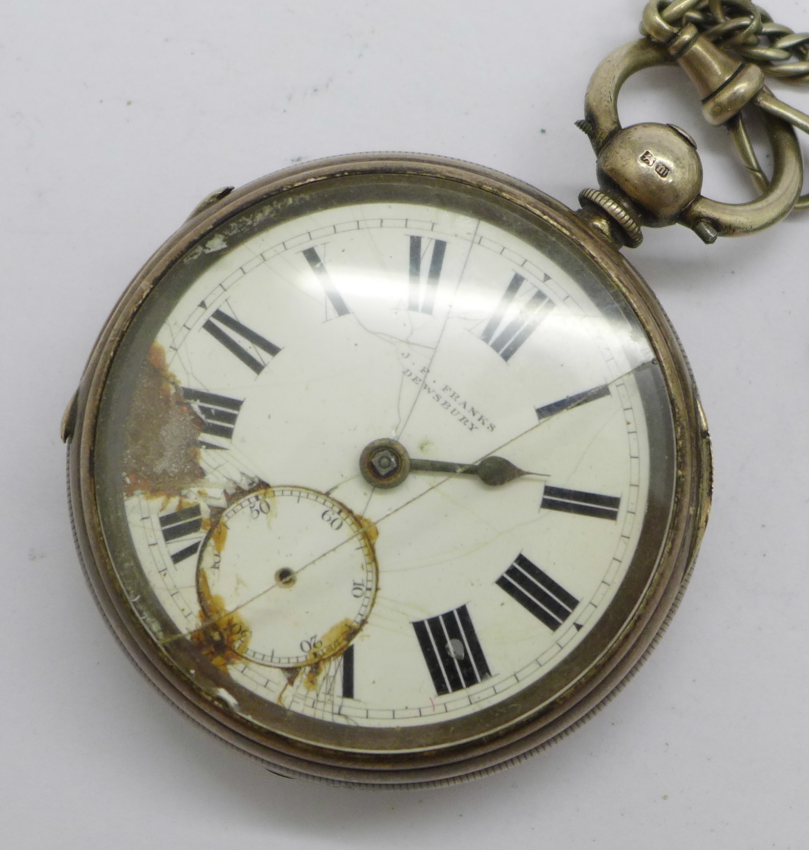 A silver pocket watch with double Albert chain, watch a/f - Image 3 of 7