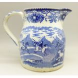 An early 19th Century English blue and white pearlware jug, with transfer-printed scenes of a