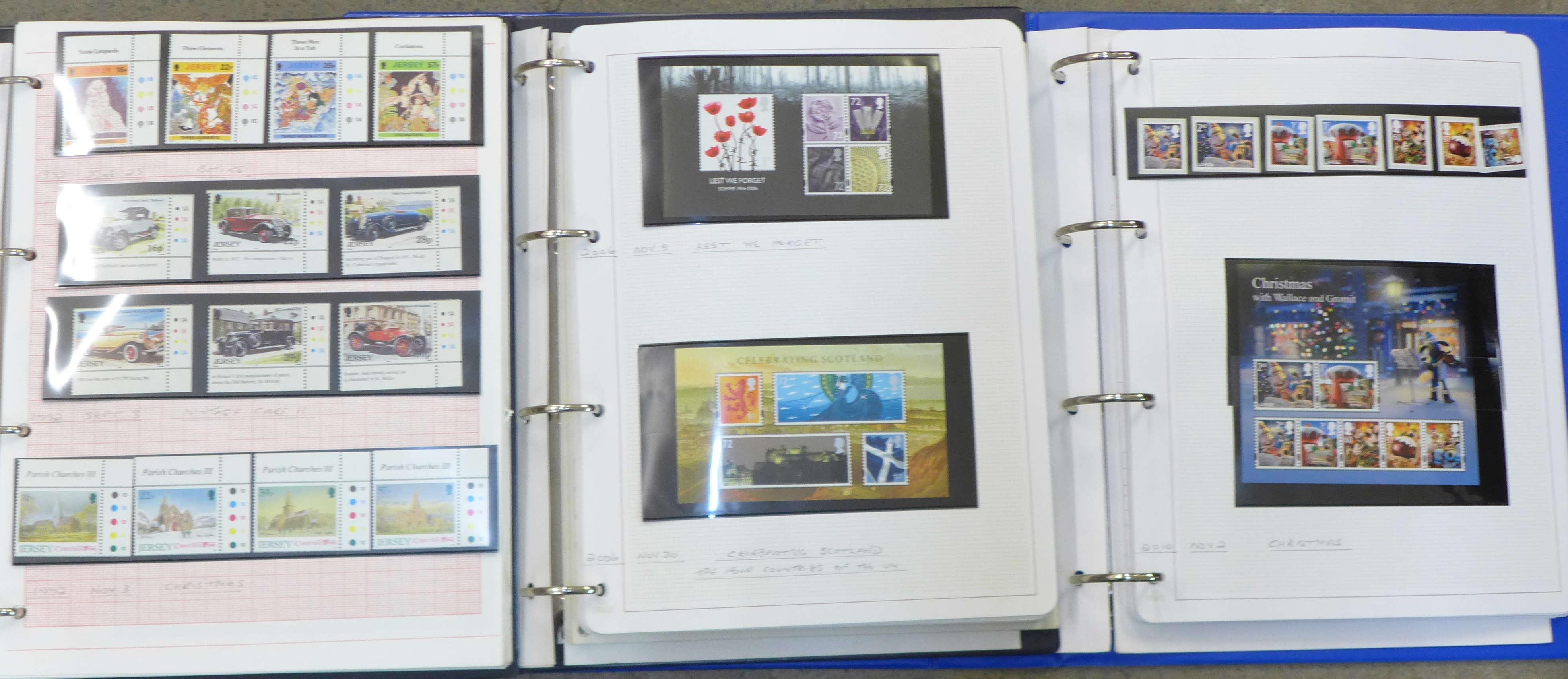 Stamps; two folders with GB commemoratives and one folder of Jersey commemoratives