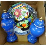 A Delft charger, a pair of Wilton ware ornamental vases, one a/f, a Ceres jardiniere, an Italian