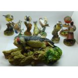 Eight bird figures, Coal Tit, Robin, Wren, Blue Tit, Woodpecker, etc., one a/f and a Bossons