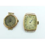 Two 9ct gold cased wristwatch heads, a/f