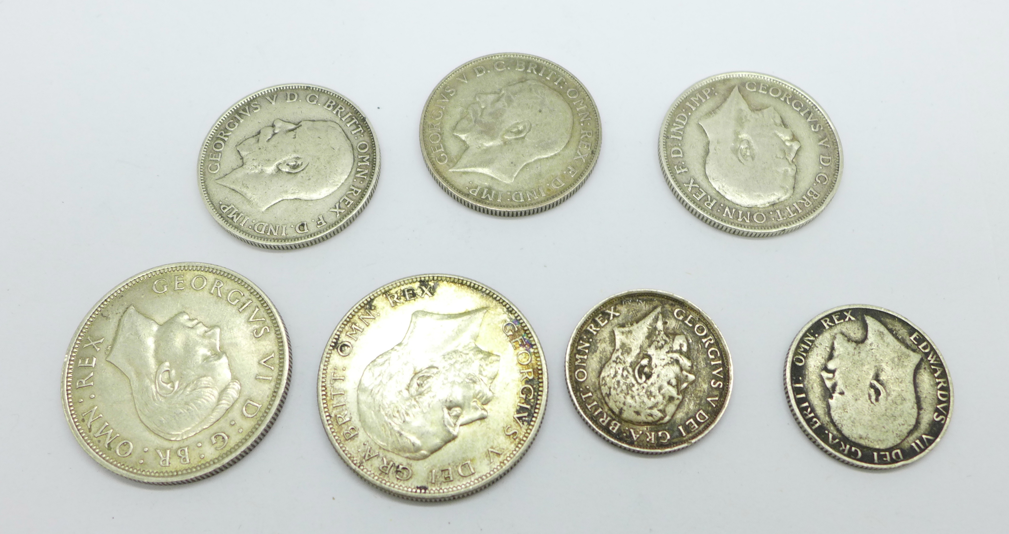 Seven coins; two half-crowns, 1931 and 1941, three florins, 1914, 1916 and 1923, and two - Image 2 of 2