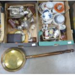 A brass bed pan, a Chinese brass plate, assorted brass including horse brasses, plated ware, etc.,