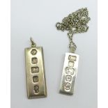 Two silver ingot pendants and one silver chain, 50g