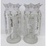 A pair of Victorian white opalescent lustres (one a/f, small repaired breakage on top petal and both