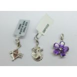 Three 925 silver charms, amethyst flower, dragon and cupid bow and arrow