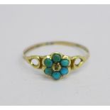 A Victorian turquoise and rose diamond cluster ring, (tests as 9ct gold), 1.1g, Q
